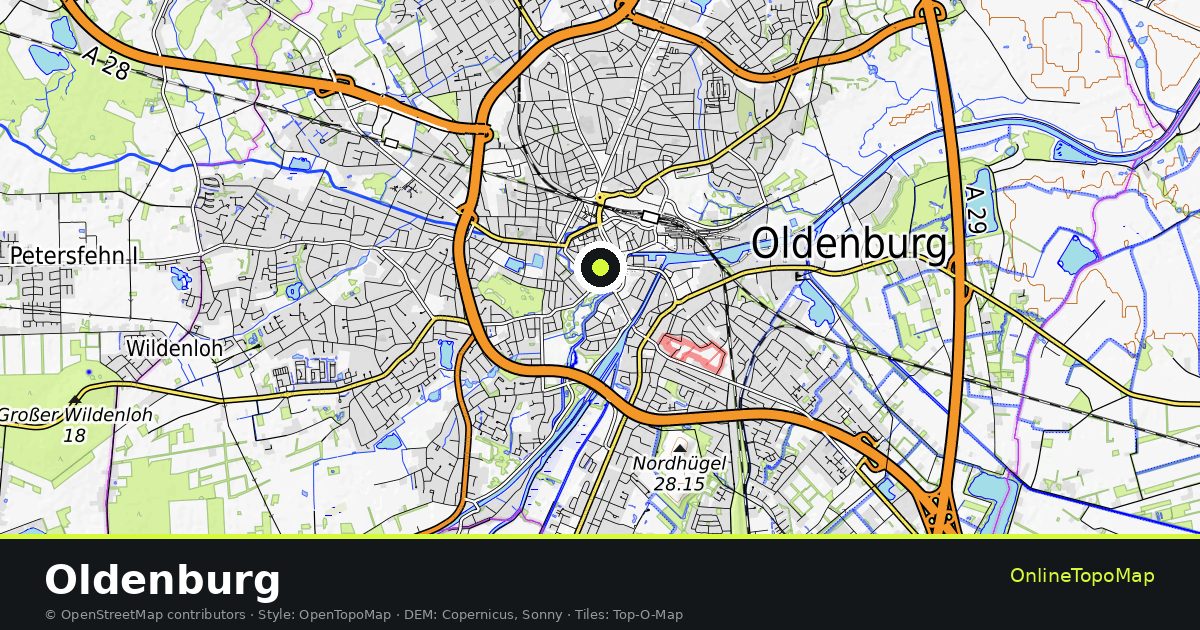 Topographic map of Oldenburg with contour lines and hillshading