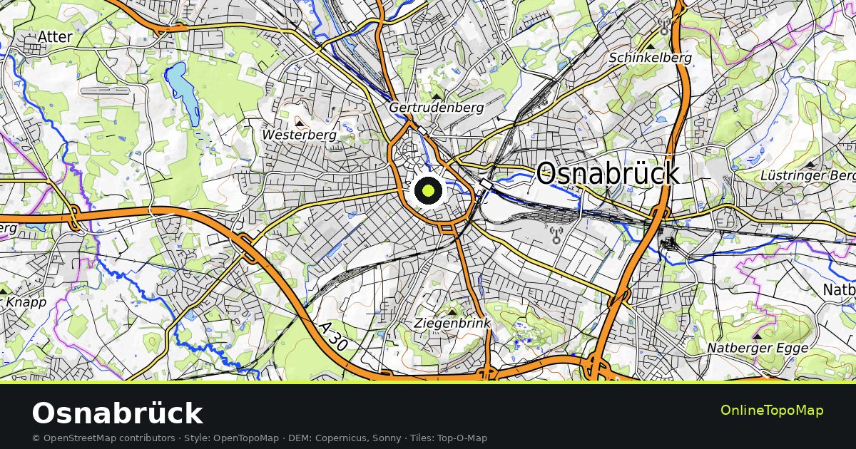 Topographic map of Osnabrück with contour lines and hillshading