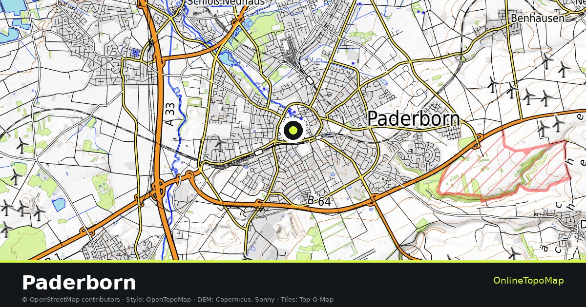 Topographic map of Paderborn with contour lines and hillshading