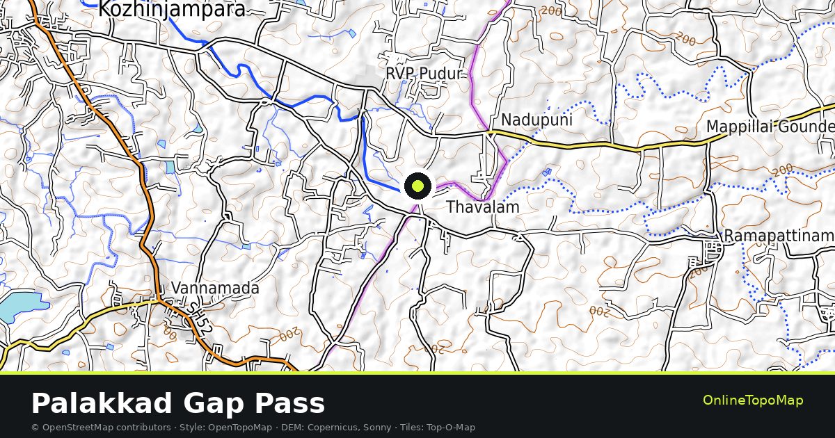 Topographic map of Palakkad Gap Pass with contour lines and hillshading
