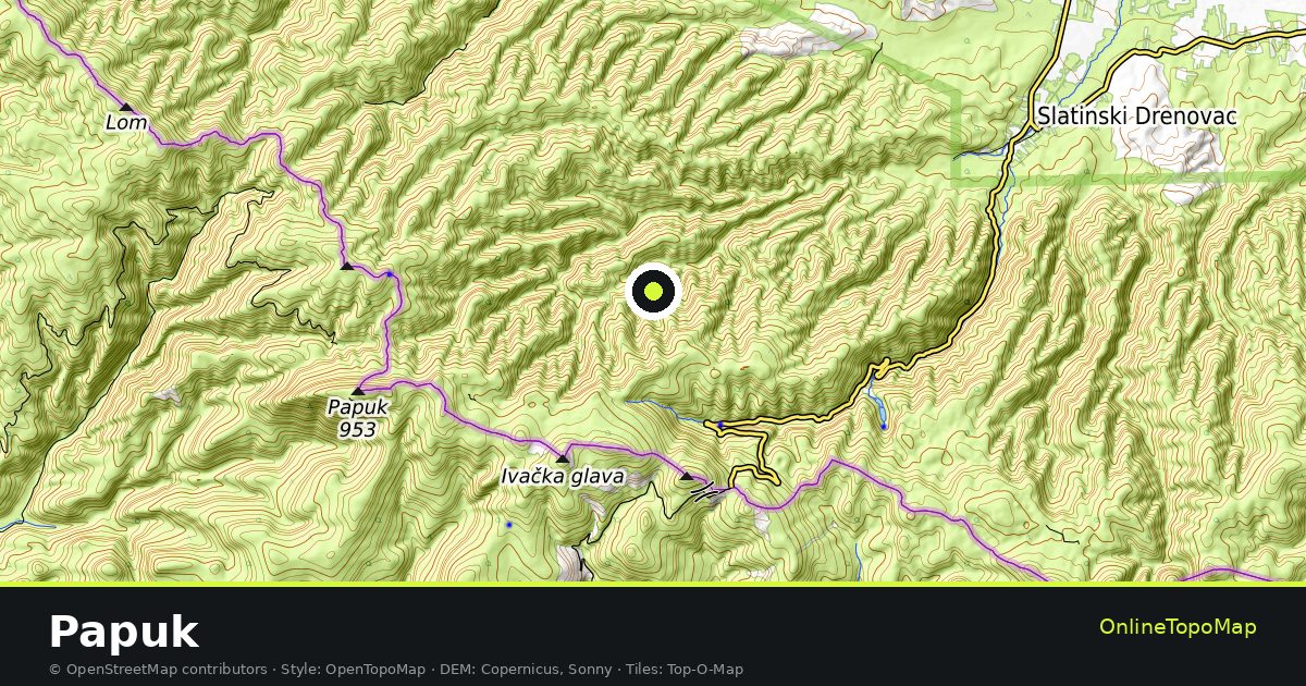 Topographic map of Papuk with contour lines and hillshading