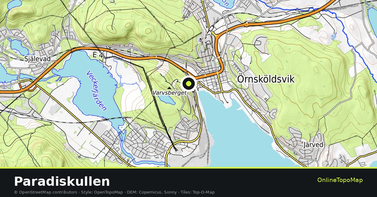 Topographic map of Paradiskullen with contour lines and hillshading