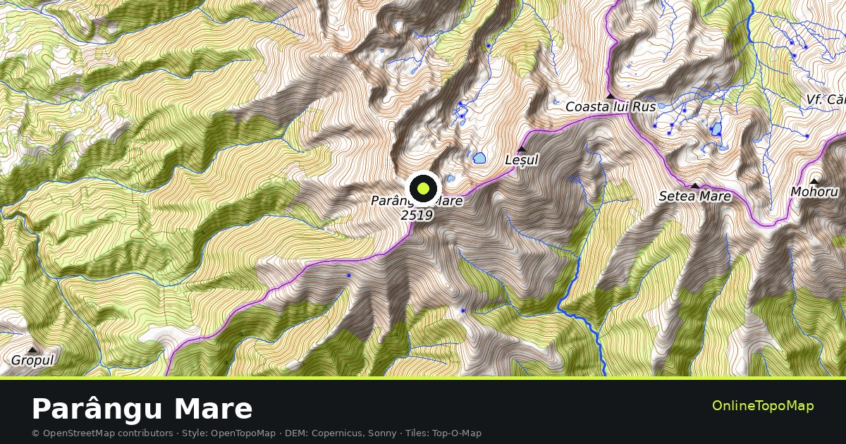 Topographic map of Parângu Mare with contour lines and hillshading
