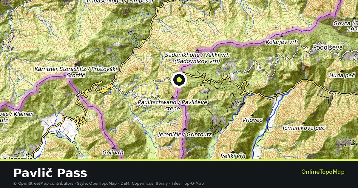 Topographic map of Pavlič Pass with contour lines and hillshading
