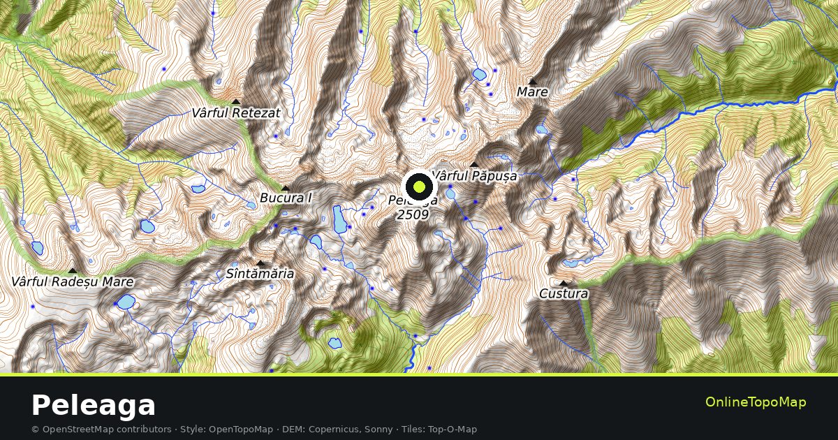 Topographic map of Peleaga with contour lines and hillshading