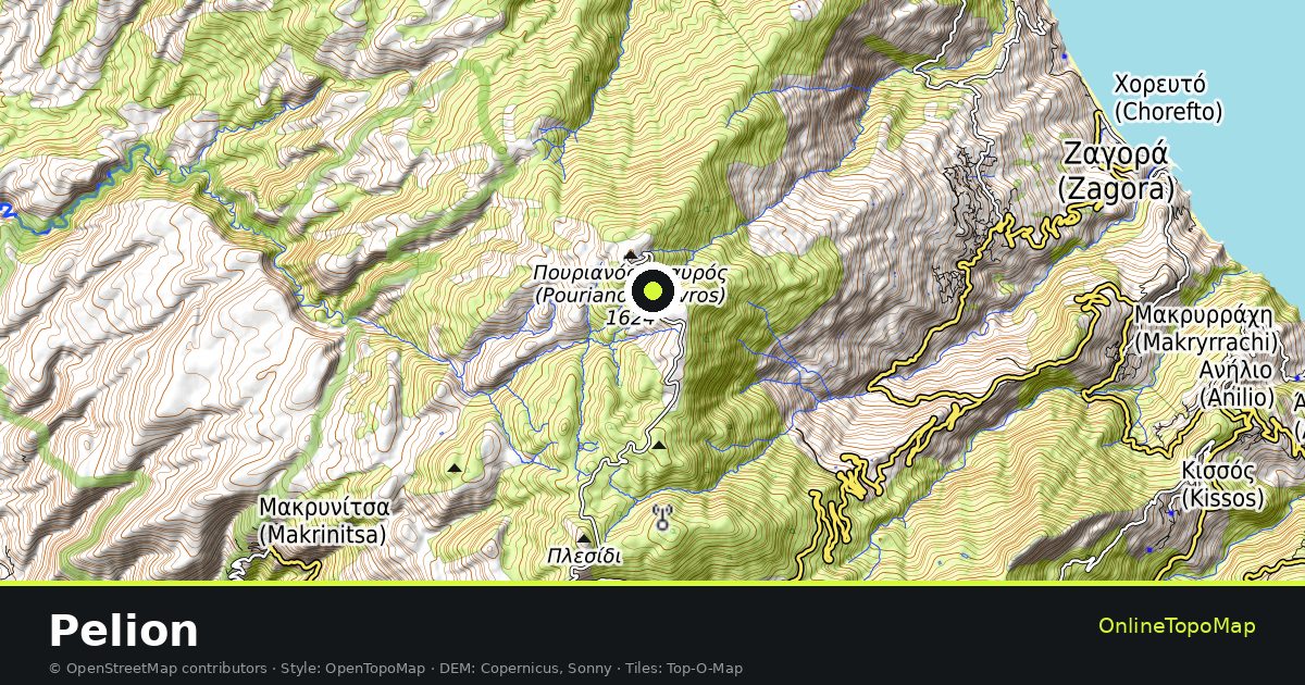 Topographic map of Pelion with contour lines and hillshading