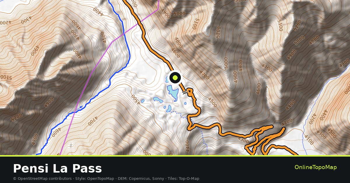 Topographic map of Pensi La Pass with contour lines and hillshading
