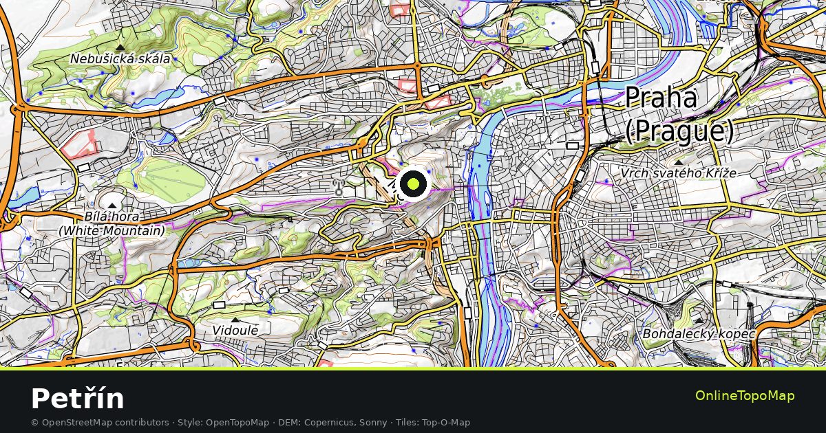 Topographic map of Petřín with contour lines and hillshading