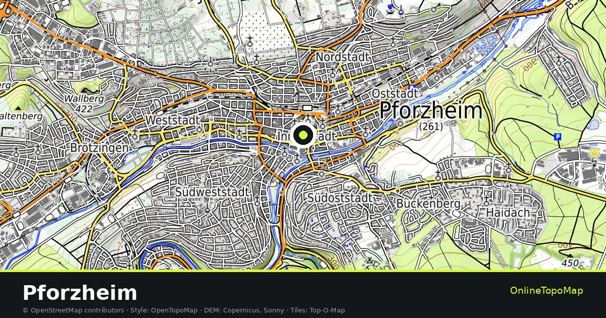 Topographic map of Pforzheim with contour lines and hillshading