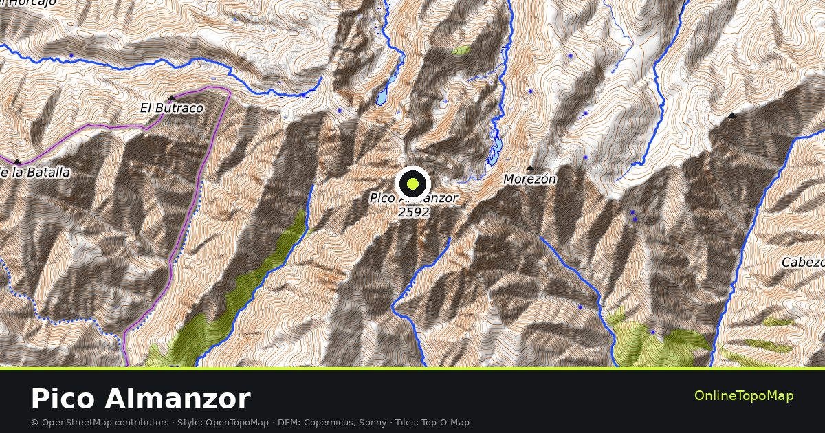 Topographic map of Pico Almanzor with contour lines and hillshading