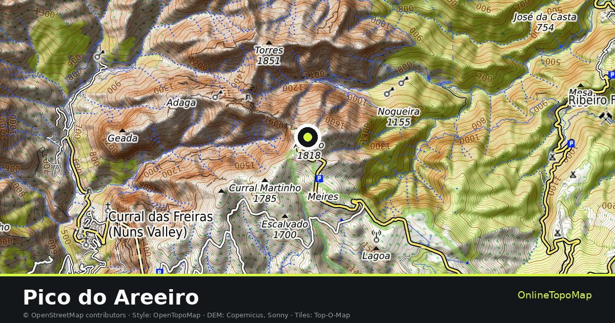 Topographic map of Pico do Areeiro with contour lines and hillshading