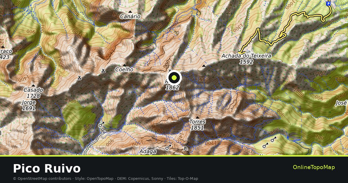 Topographic map of Pico Ruivo with contour lines and hillshading