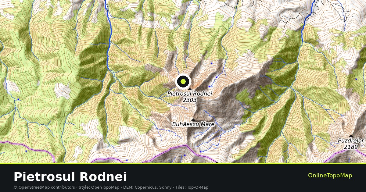 Topographic map of Pietrosul Rodnei with contour lines and hillshading