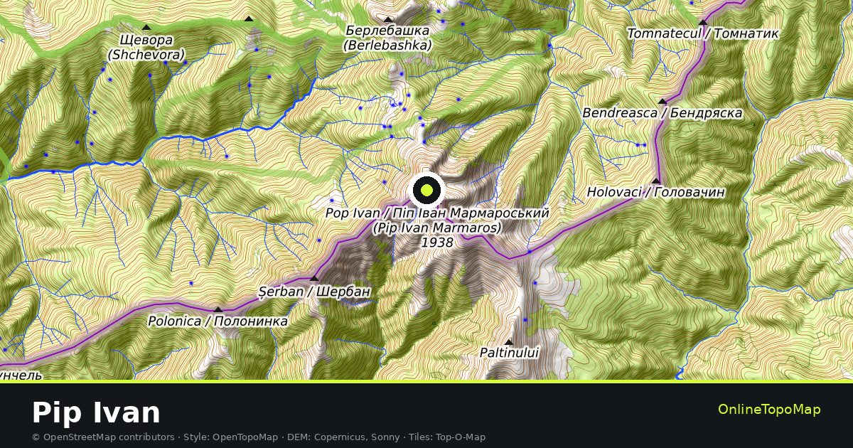 Topographic map of Pip Ivan with contour lines and hillshading