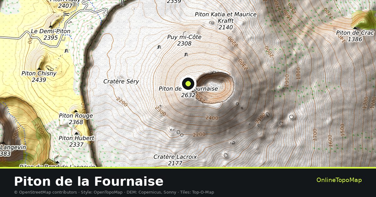 Topographic map of Piton de la Fournaise with contour lines and hillshading