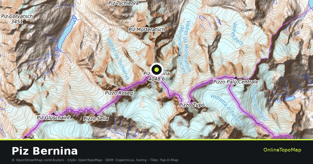 Topographic map of Piz Bernina with contour lines and hillshading