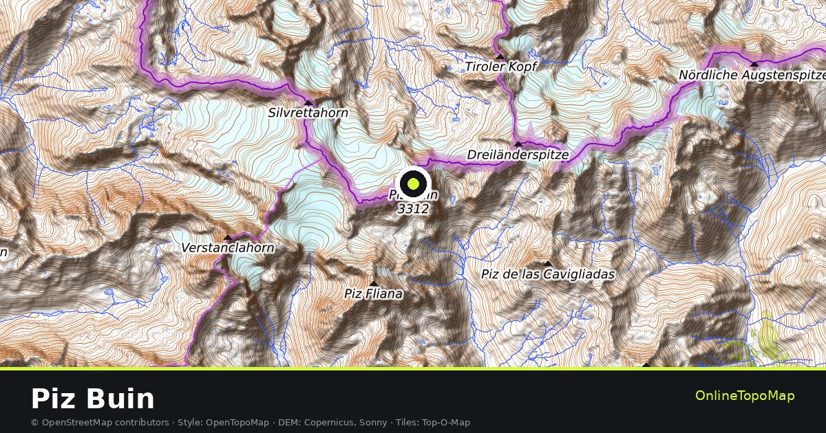Topographic map of Piz Buin with contour lines and hillshading
