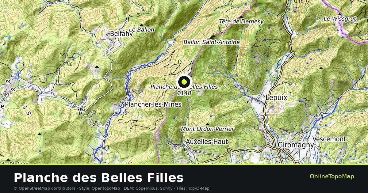 Topographic map of Planche des Belles Filles with contour lines and hillshading