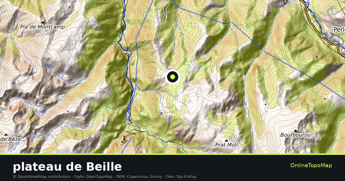 Topographic map of plateau de Beille with contour lines and hillshading