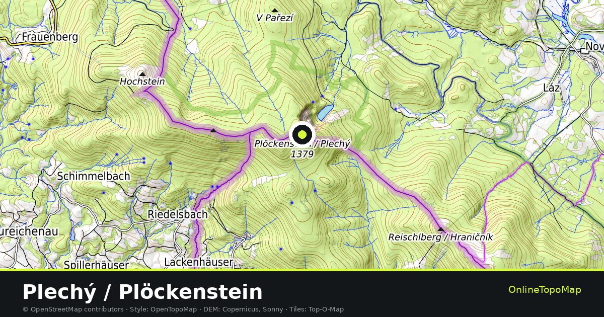 Topographic map of Plechý / Plöckenstein with contour lines and hillshading