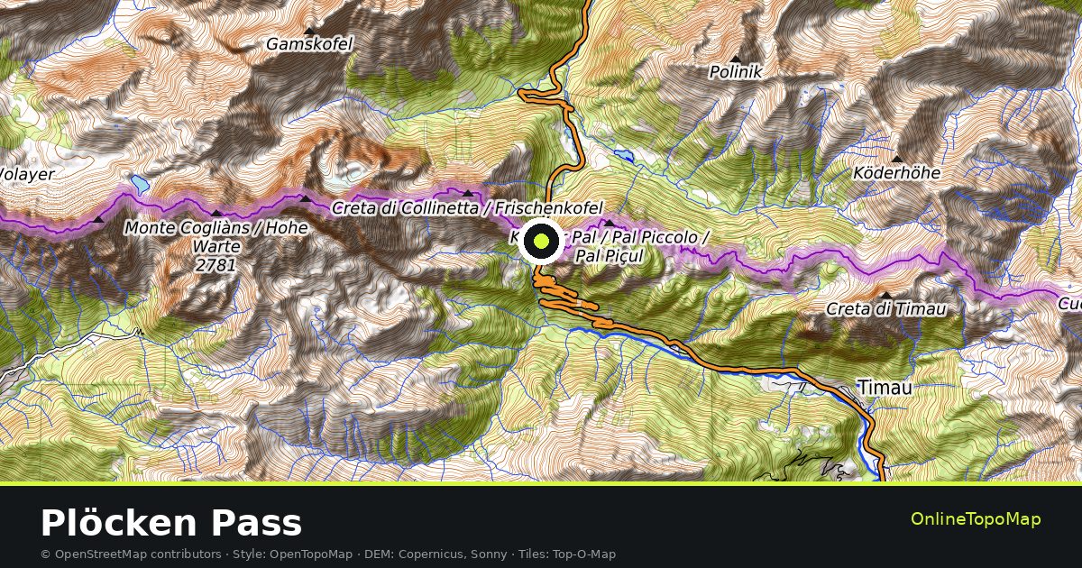Topographic map of Plöcken Pass with contour lines and hillshading