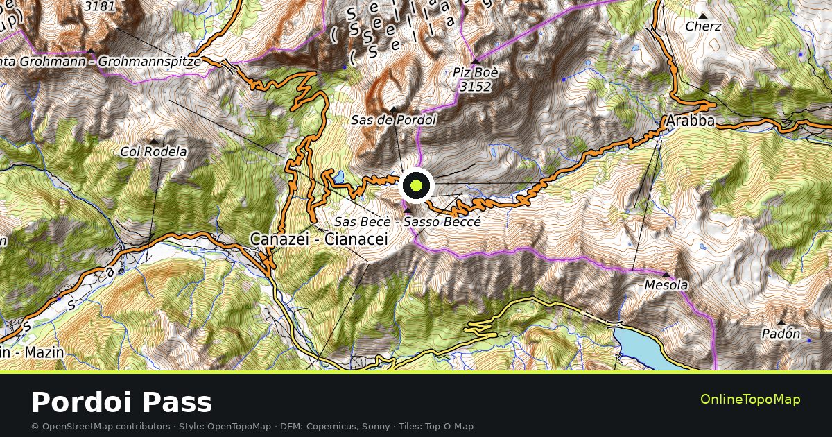 Topographic map of Pordoi Pass with contour lines and hillshading