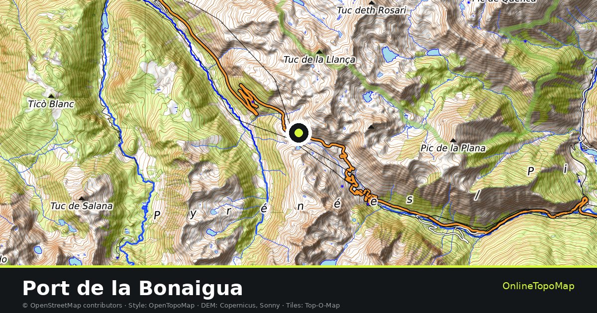 Topographic map of Port de la Bonaigua with contour lines and hillshading