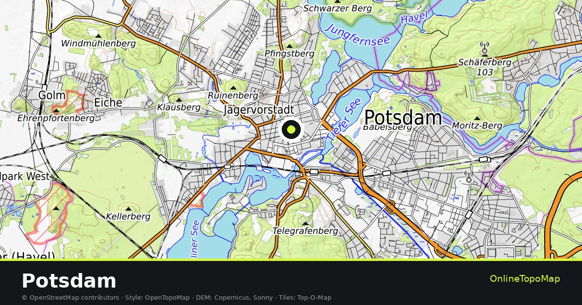 Topographic map of Potsdam with contour lines and hillshading