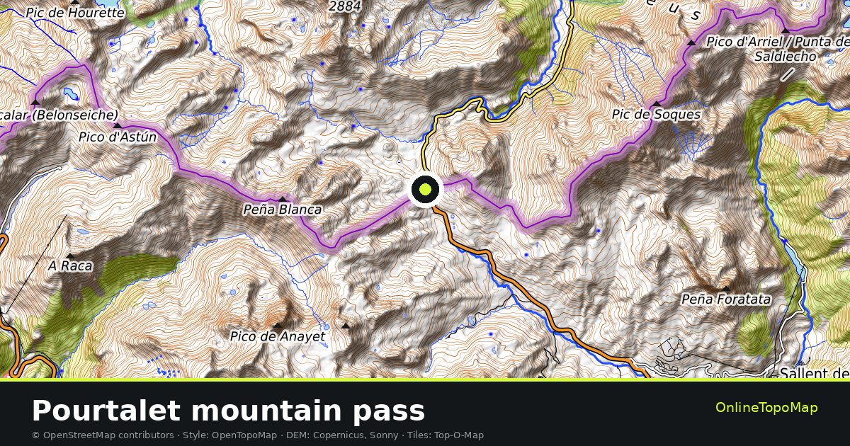 Topographic map of Pourtalet mountain pass with contour lines and hillshading
