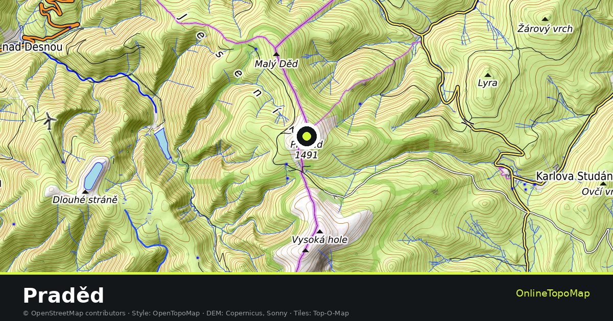 Topographic map of Praděd with contour lines and hillshading
