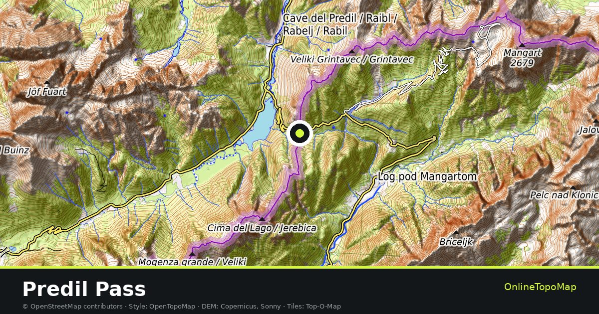 Topographic map of Predil Pass with contour lines and hillshading