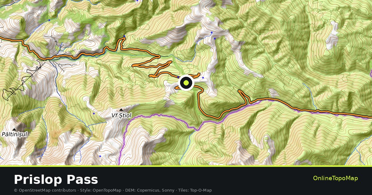 Topographic map of Prislop Pass with contour lines and hillshading