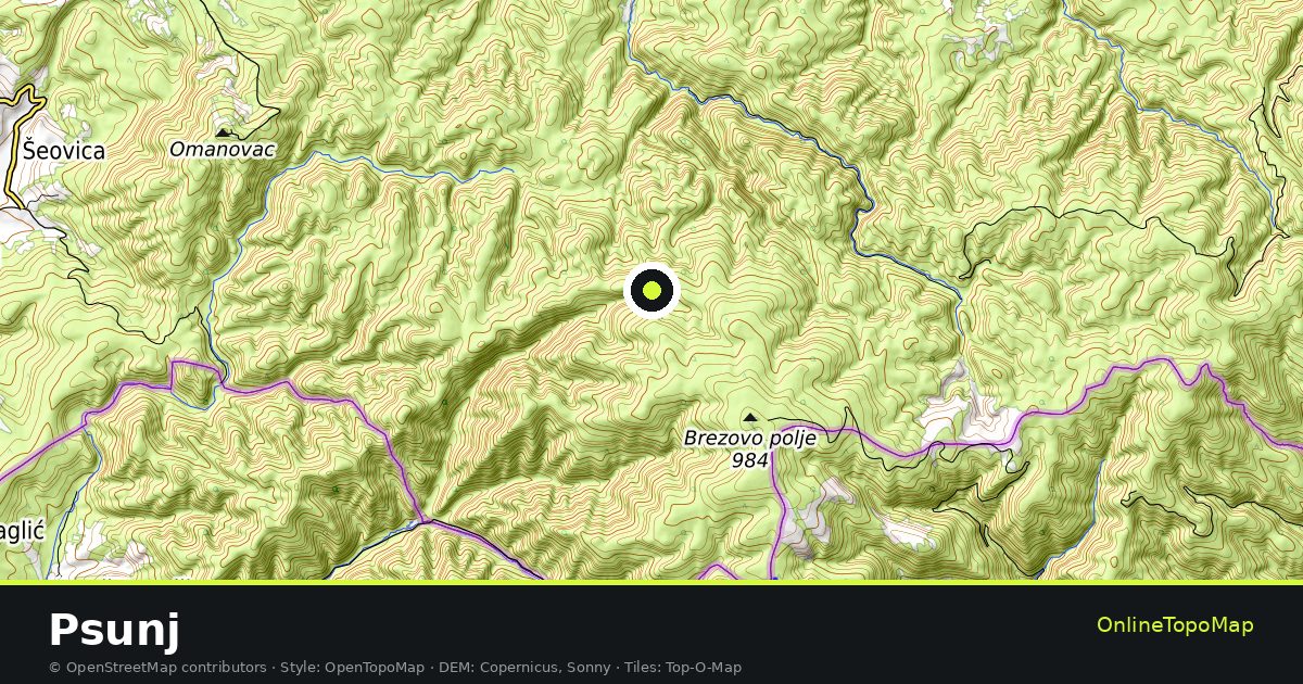 Topographic map of Psunj with contour lines and hillshading