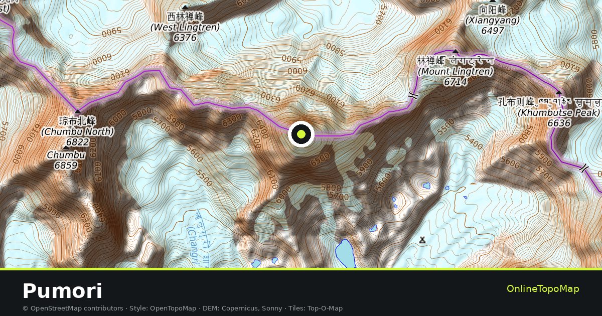 Topographic map of Pumori with contour lines and hillshading