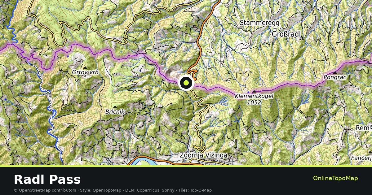 Topographic map of Radl Pass with contour lines and hillshading