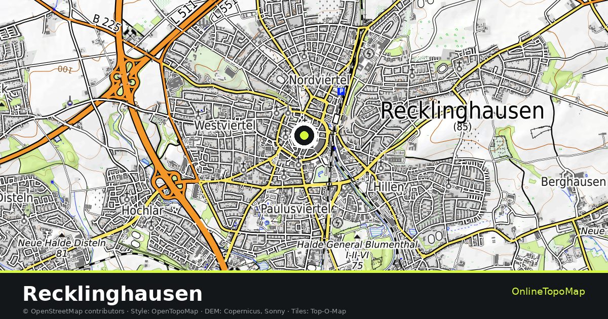 Topographic map of Recklinghausen with contour lines and hillshading
