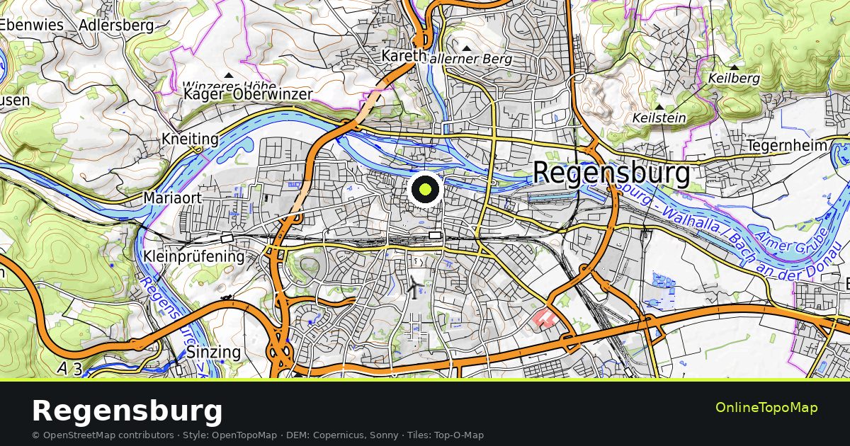 Topographic map of Regensburg with contour lines and hillshading