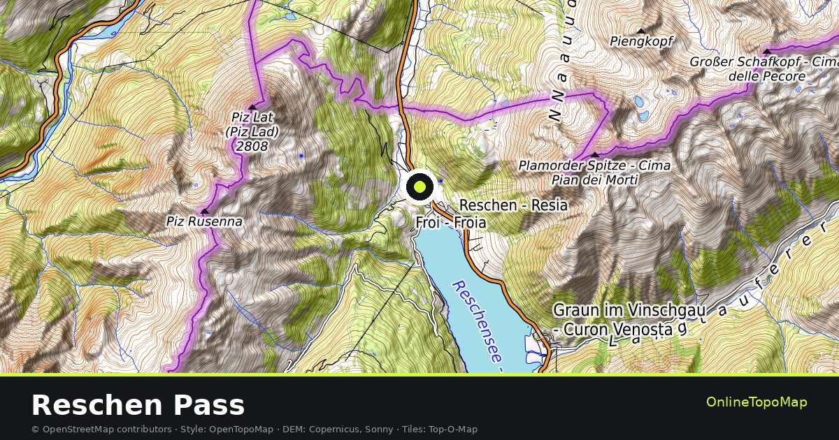 Topographic map of Reschen Pass with contour lines and hillshading