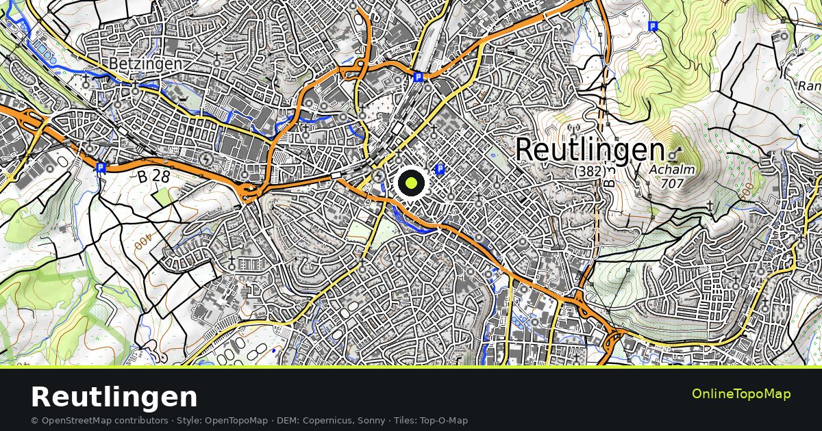 Topographic map of Reutlingen with contour lines and hillshading