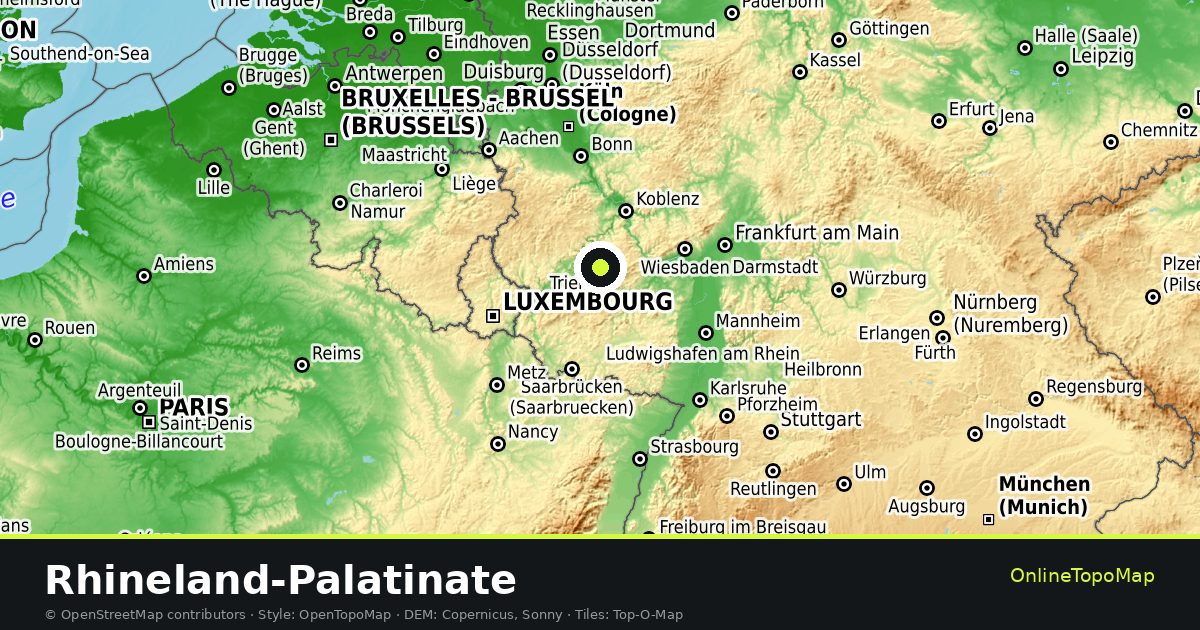 Topographic map of Rhineland-Palatinate with contour lines and hillshading
