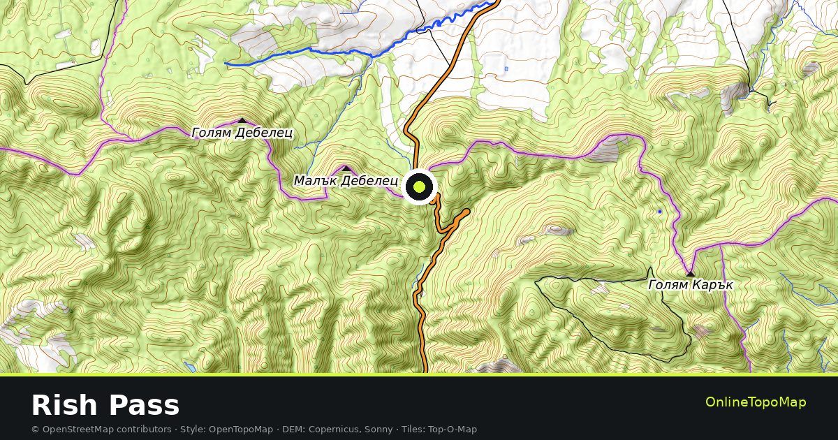 Topographic map of Rish Pass with contour lines and hillshading