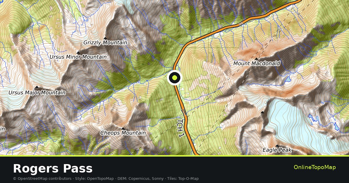 Topographic map of Rogers Pass with contour lines and hillshading