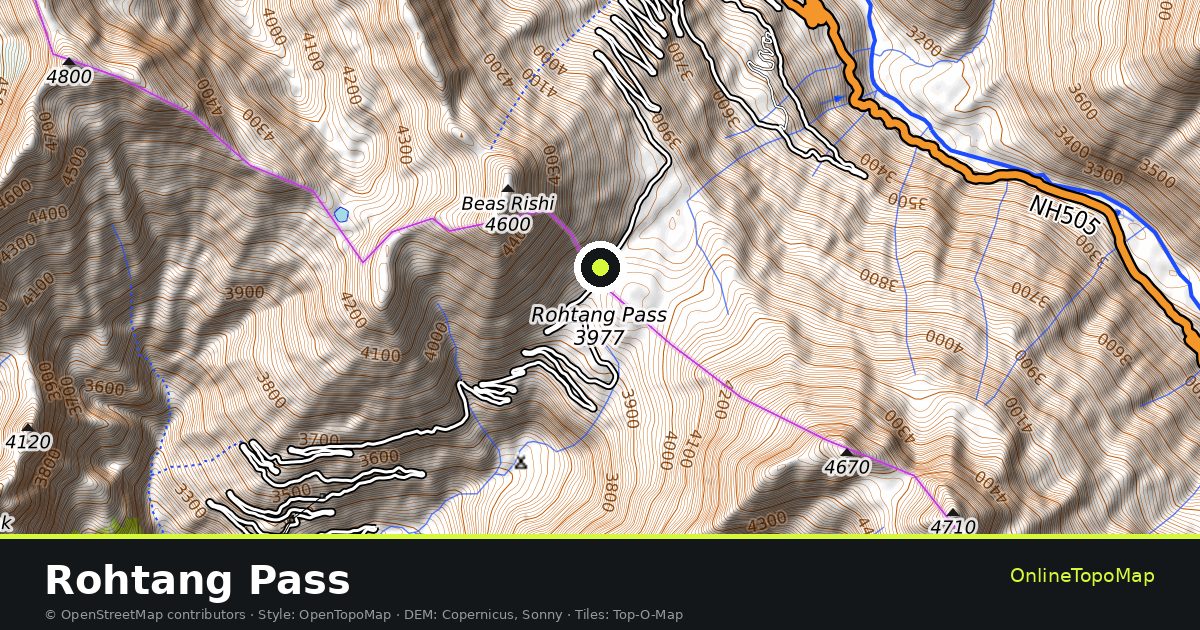 Topographic map of Rohtang Pass with contour lines and hillshading