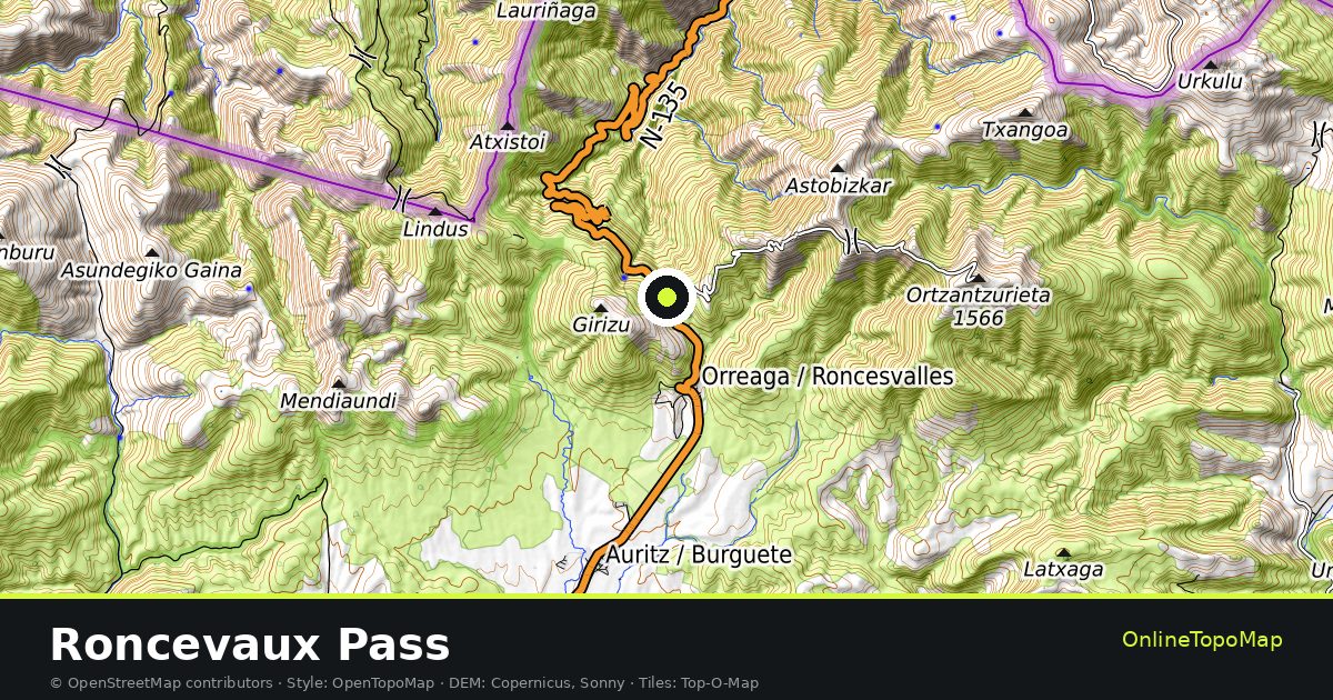 Topographic map of Roncevaux Pass with contour lines and hillshading