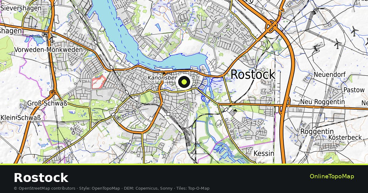 Topographic map of Rostock with contour lines and hillshading