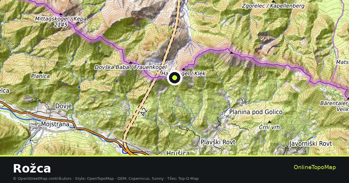 Topographic map of Rožca with contour lines and hillshading