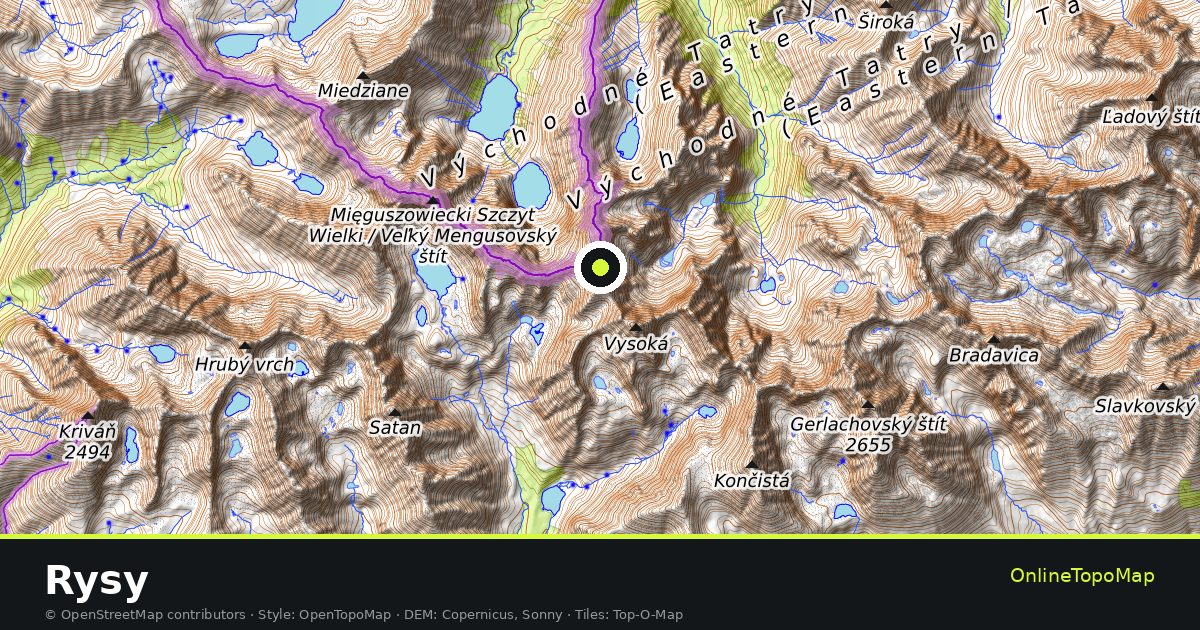 Topographic map of Rysy with contour lines and hillshading