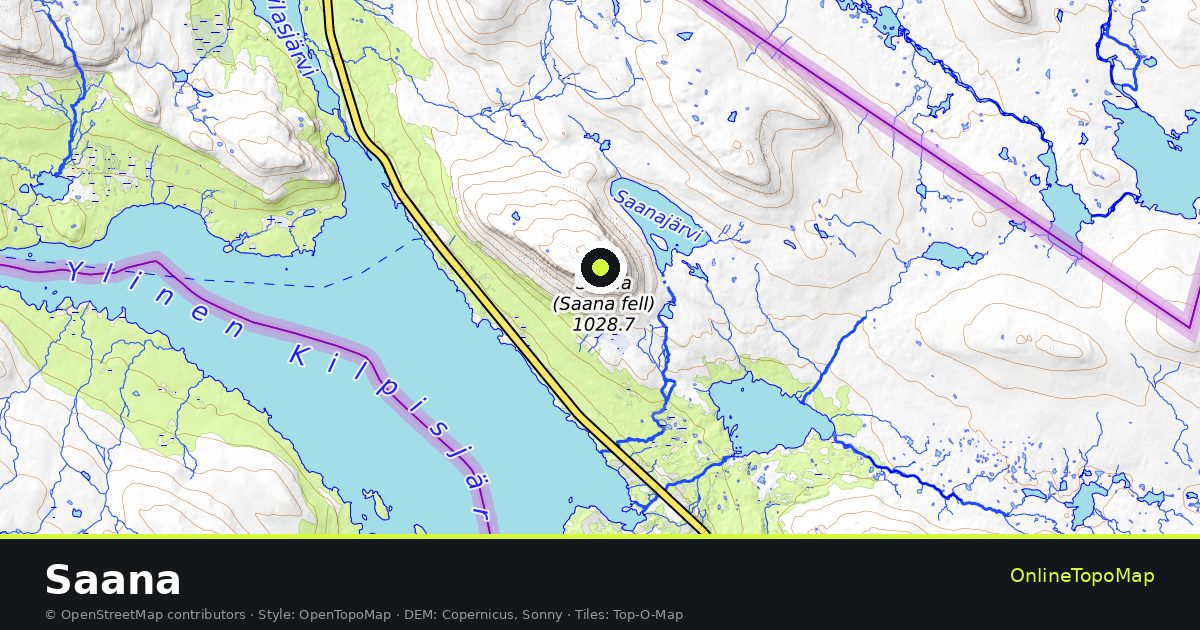 Topographic map of Saana with contour lines and hillshading