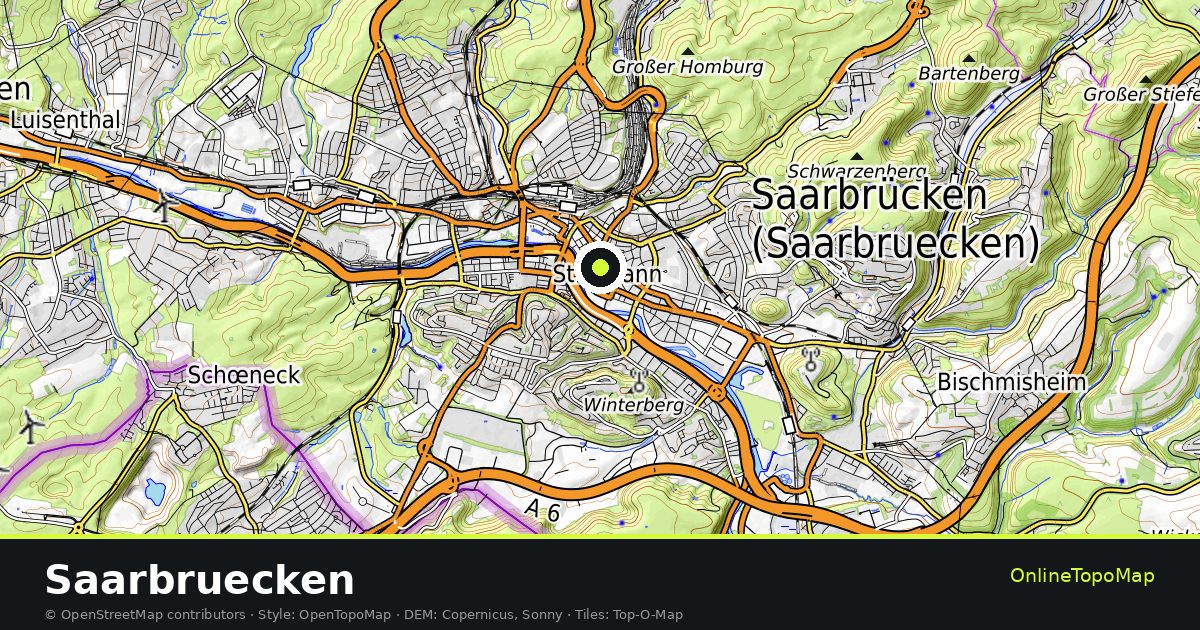 Topographic map of Saarbruecken with contour lines and hillshading