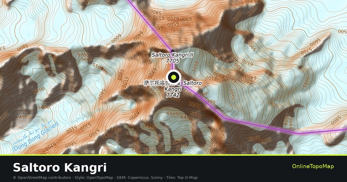 Topographic map of Saltoro Kangri with contour lines and hillshading